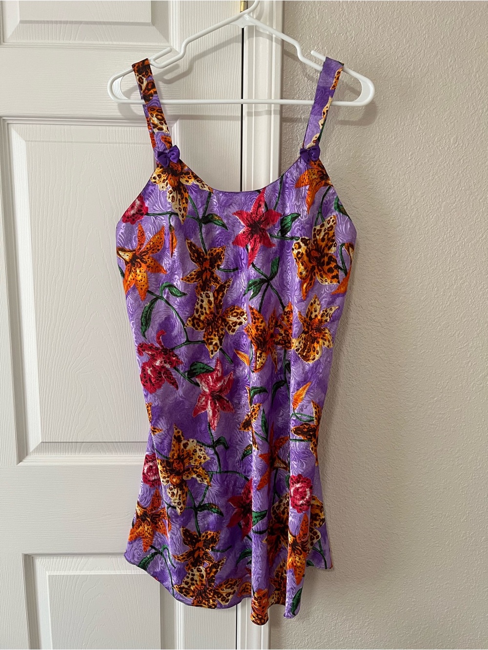Vintage Y2K Purple Floral Slip Dress Tiger Lily Print Bow Strap Size Large